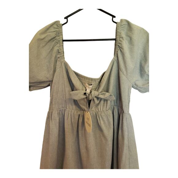 Lost + Wander Blue Babydoll Dress Linen Blue Lagoon Bow Front Elastic Large NWT - Picture 10 of 12
